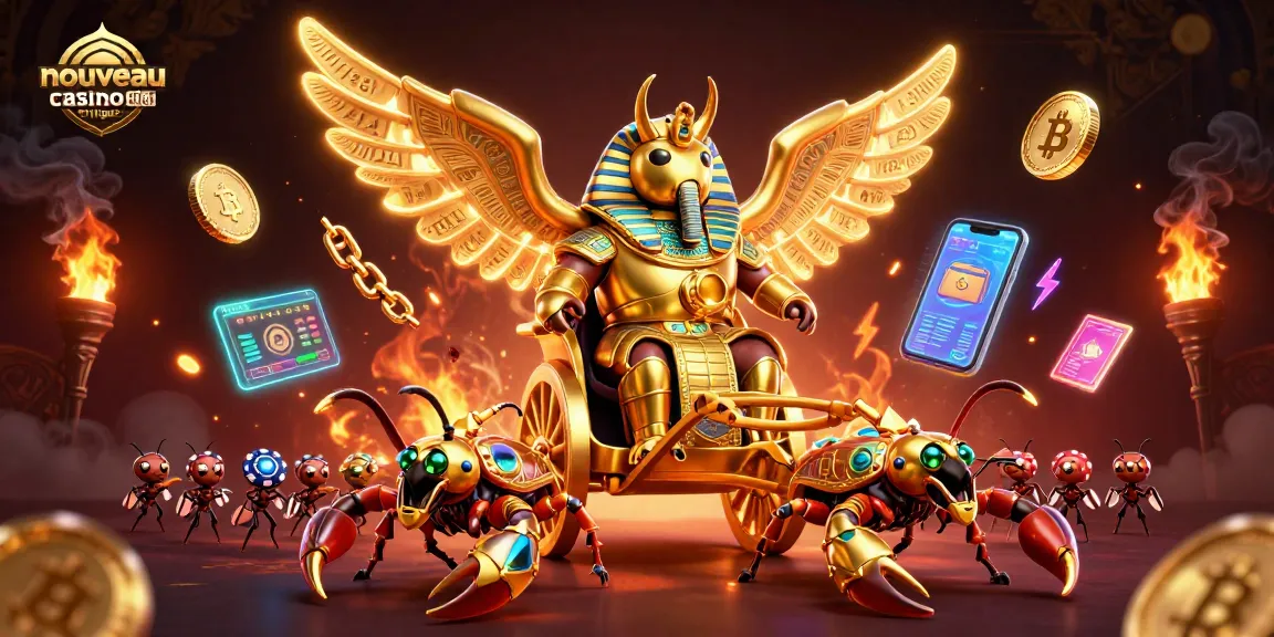 Découvrez les innovations du nouveau casino en ligne avec un scarabée doré majestueux et des éléments de crypto-monnaie.