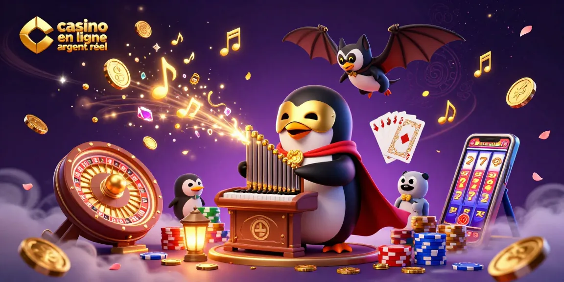 Visitez le casino en ligne argent réel avec une illustration dynamique de jeux d'argent et de personnages captivants.